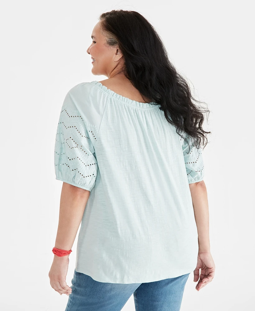 Style & Co Plus Eyelet Puff-Sleeve Split-Neck Cotton Top, Created for Macy's