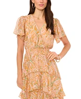 Vince Camuto Women's Printed Smocked-Waist Faux-Wrap Tiered Midi Dress