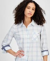 Tommy Hilfiger Women's Pebble Plaid Roll-Tab Cotton Shirt