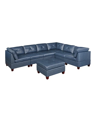 Simplie Fun Genuine Leather Ink Blue Tufted 7Pc Modular Sofa Set 3X Corner Wedge 3X Armless Chair 1X Ottoman Sofa Couch