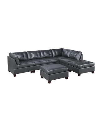 Simplie Fun Contemporary Genuine Leather Black Tufted 7Pc Modular Sectional Set 2X Corner Wedge 3X Armless Chair 2X Ottoman Sofa Couch