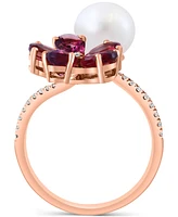 Effy Freshwater Pearl (8mm), Pink Tourmaline (5-1/2 ct. t.w.) & Diamond (1/8 ct. t.w.) Flower Bypass Ring in 14k Rose Gold