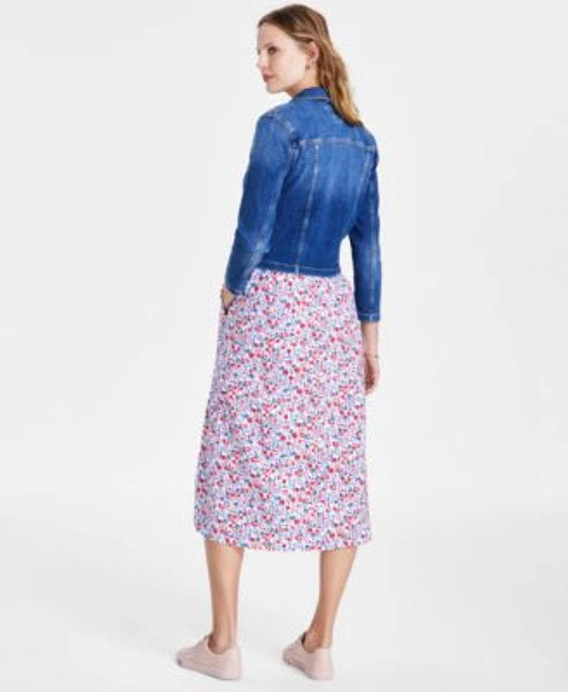 Tommy Hilfiger Womens Smocked Floral Print Cotton Midi Dress Denim Jacket