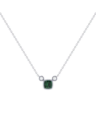 LuvMyJewelry Cushion Cut Emerald Gemstone, Natural Diamond 14K White Gold Birthstone Necklace