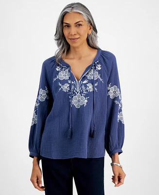 Style & Co Women's Cotton Gauze Embroidered Peasant Top, Created for Macy's