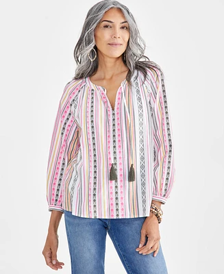 Style & Co Petite Mountain Stripe Popover Peasant Blouse, Created for Macy's