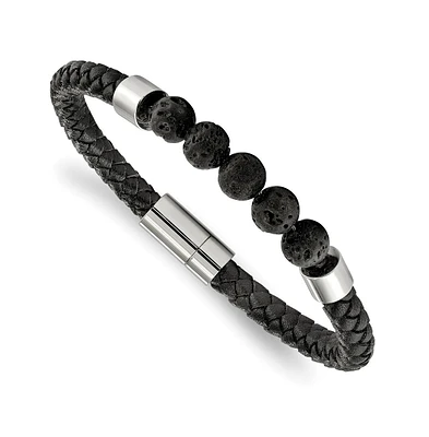 Chisel Stainless Steel with Lava Stone Beads Black Leather Bracelet