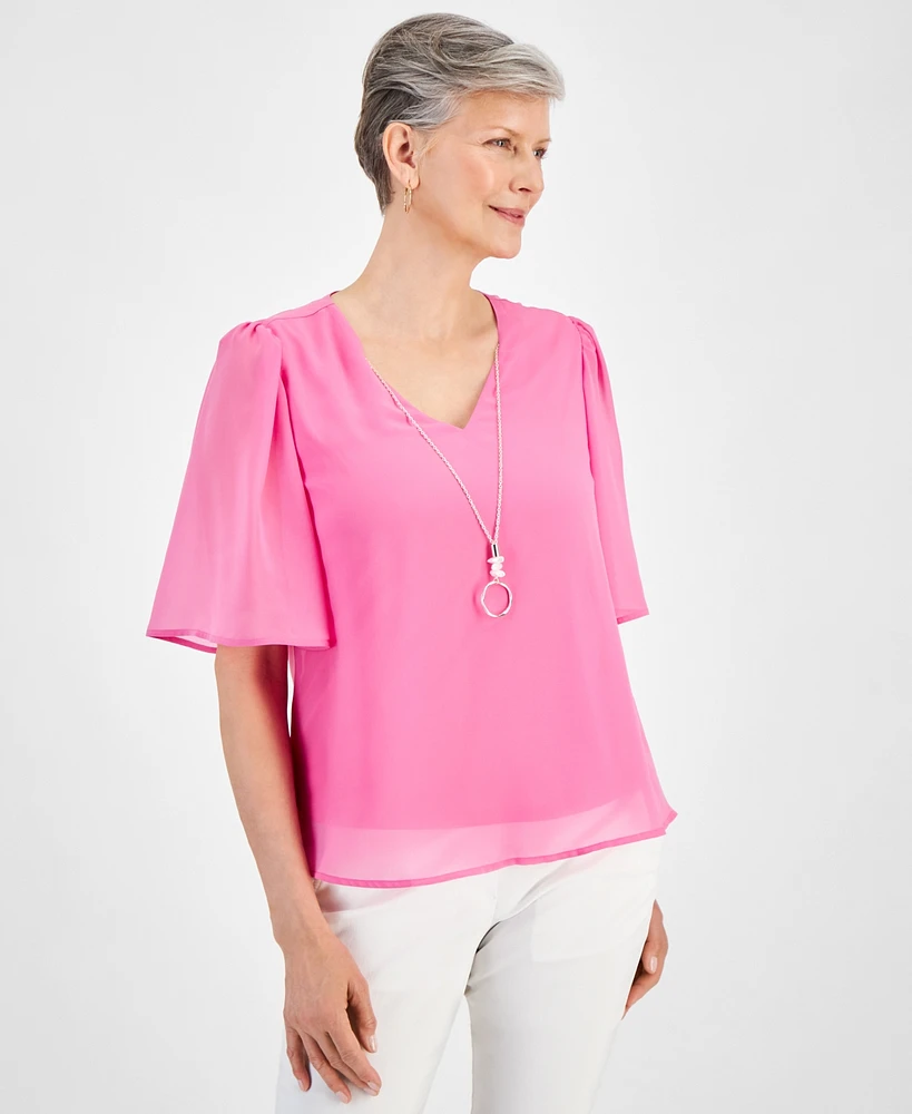 Jm Collection Petite V-Neck Flutter-Sleeve Necklace Top