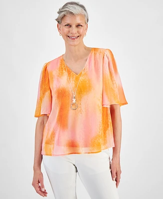 Jm Collection Petite Dye Dreams Flutter-Sleeve Necklace Top, Created for Macy's
