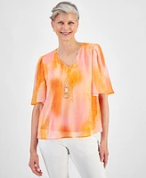 Jm Collection Petite Dye Dreams Flutter-Sleeve Necklace Top, Created for Macy's