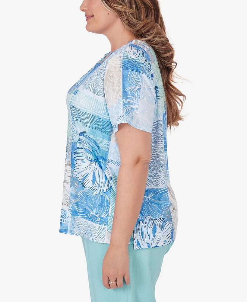 Alfred Dunner Plus Size Hyannisport Patchwork Leaf T-Shirt with Lace Detail