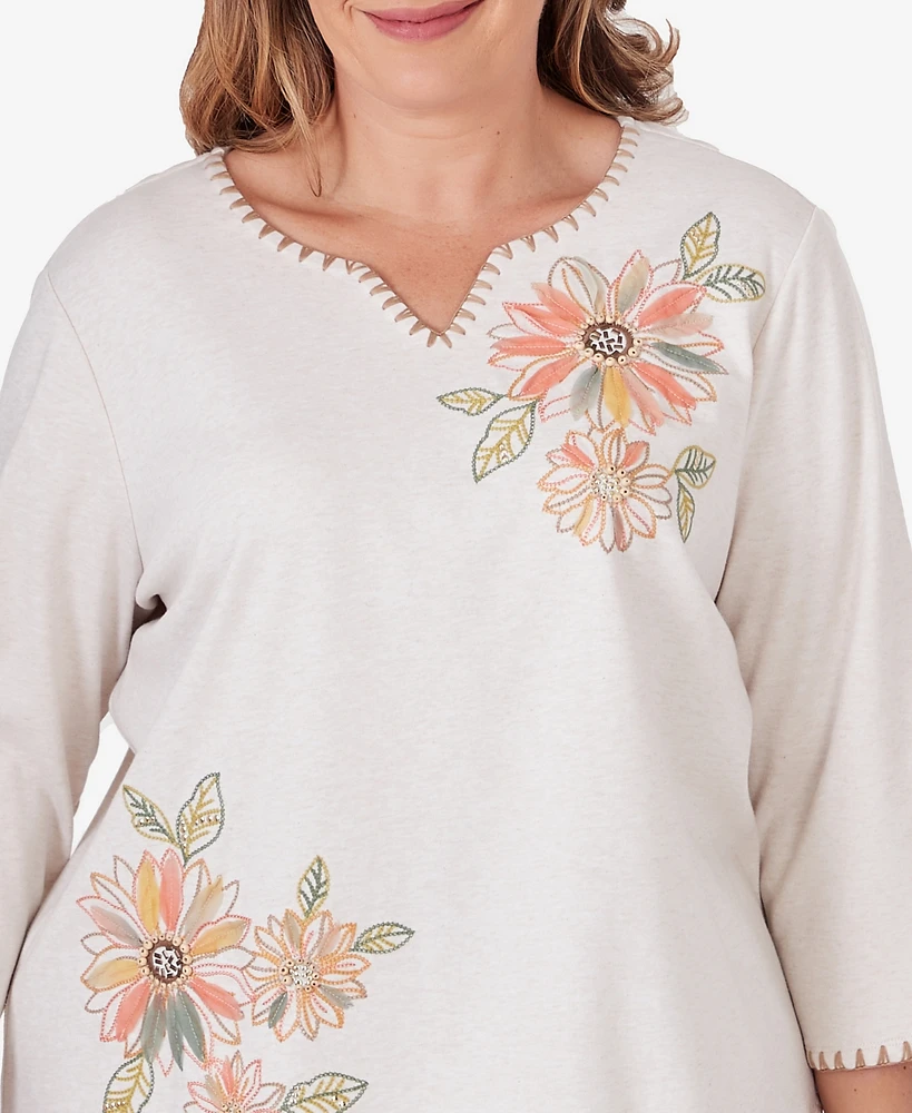 Alfred Dunner Plus Size Tuscan Sunset Embroidered Flower Top