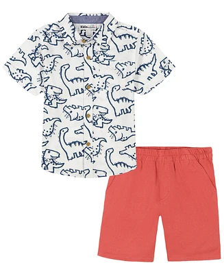 Kids Headquarters Baby Boys Short Sleeve Dinosaur Print Poplin Shirt and Twill Shorts Set, 2 piece set