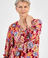 Jm Collection Women's Floral Print 3/4 Sleeve Ruffled-Cuff Top, Created for Macy's