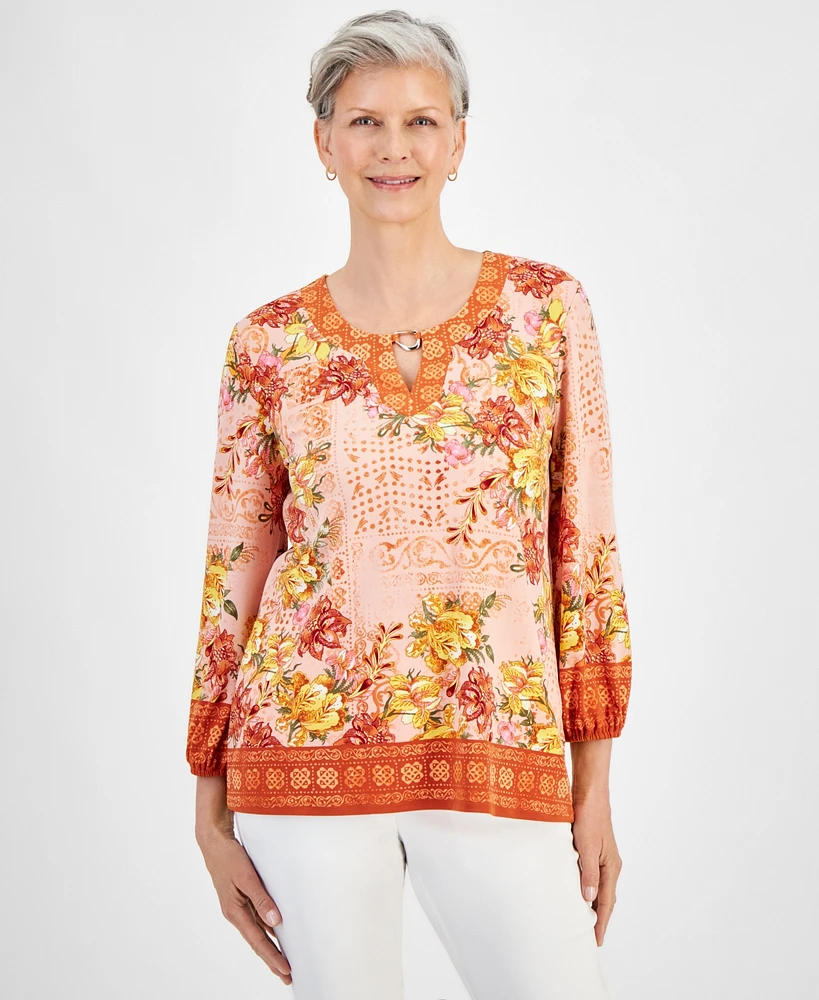 Jm Collection Women's Printed Long Sleeve Hardware-Trim Keyhole Top