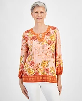 Jm Collection Women's Printed Long Sleeve Hardware-Trim Keyhole Top