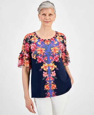 Jm Collection Women's Short-Sleeve Printed Ruffled-Cuff Top, Created for Macy's