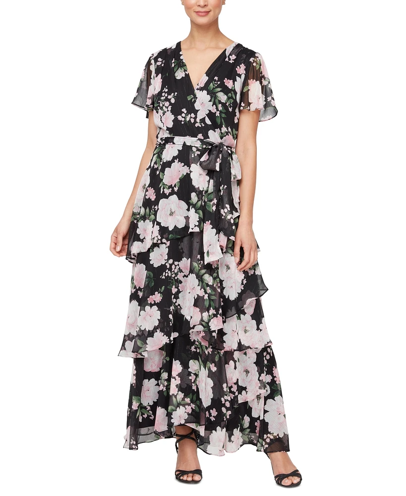 Sl Fashions Women's Printed Tie-Waist Chiffon Maxi Dress