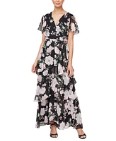 Sl Fashions Women's Printed Tie-Waist Chiffon Maxi Dress