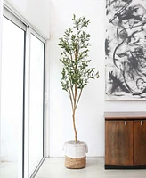 Nearly Natural 7ft. Artificial Olive Tree with Natural Trunk and Handmade Jute Basket