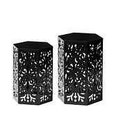 Glitzhome Multi-Functional Set of 2 Black Iron Cutout Floral Garden Stools or Planter Stand