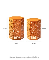 Glitzhome Multi-Functional Set of 2 Orange Cutout Floral Hexagonal Garden Stools or Planter Stand