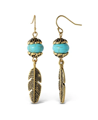 Jessica Simpson Womens Turquoise Bead Feather Drop Earrings - Oxidized Gold-Tone or Silver-Tone