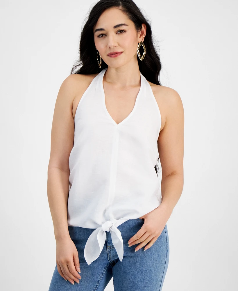 I.n.c. International Concepts Petite Linen-Blend Tie-Hem Halter Top, Created for Macy's