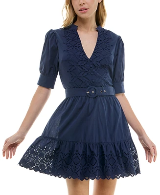 B Darlin Juniors' Embroidered Belted Puff-Sleeve Dress