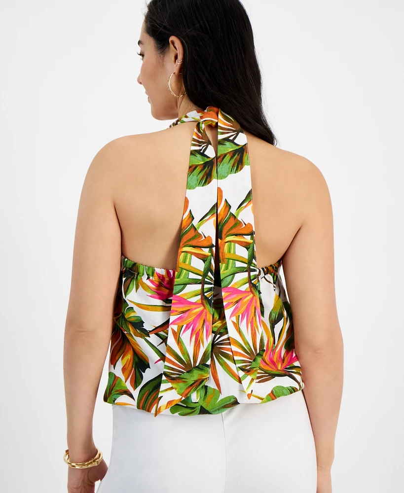 I.n.c. International Concepts Petite Linen-Blend Printed Halter Top, Created for Macy's