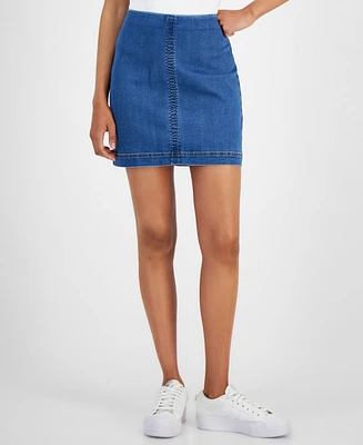 Tinseltown Juniors' High-Rise Zip-Back Mini Denim Skirt