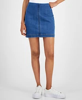 Tinseltown Juniors' High-Rise Zip-Back Mini Denim Skirt