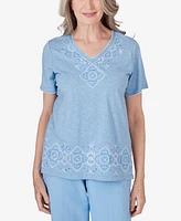 Alfred Dunner Women's Hyannisport V-Neck Embroidered Medallion Top