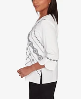 Alfred Dunner Women's Opposites Attract Embroidered Leaf Keyhole Neck Top