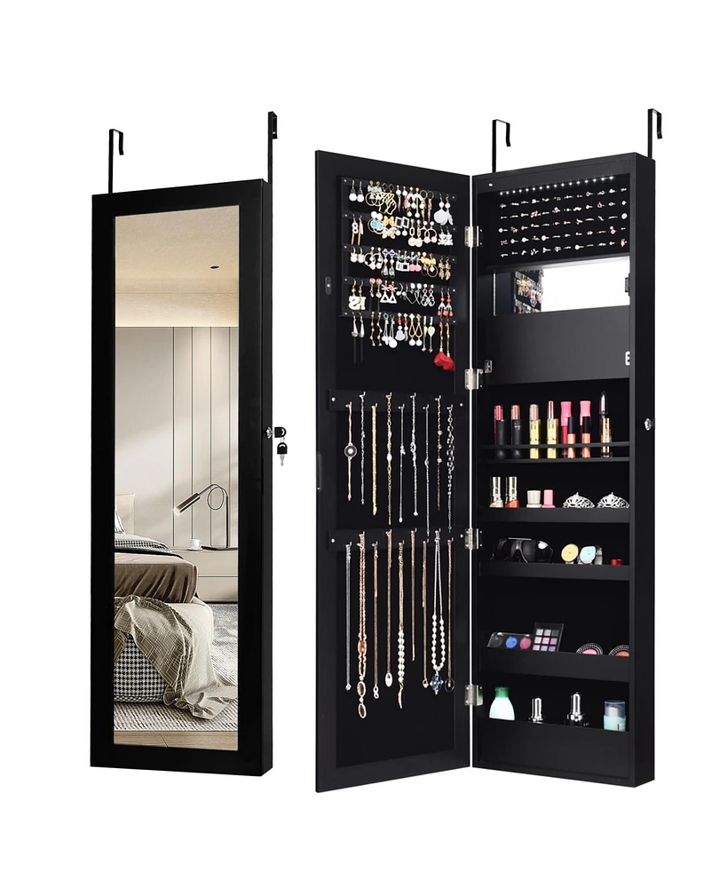 Sugift Lockable Wall Door Mounted Mirror Jewelry Cabinet with Led Lights