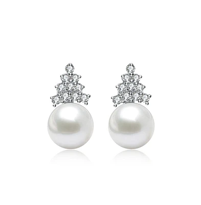 Genevive Sterling Silver White Gold Plated Cubic Zirconia Pearl Earrings