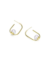 Genevive Stylish Sterling Silver 14K Gold Plating and Genuine Freshwater Pearl Square Hoop Earrings