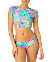 Salt Cove Womens Printed Lettuce Edge Short Sleeve Rash Guard Bikini Bottoms Created For Macys