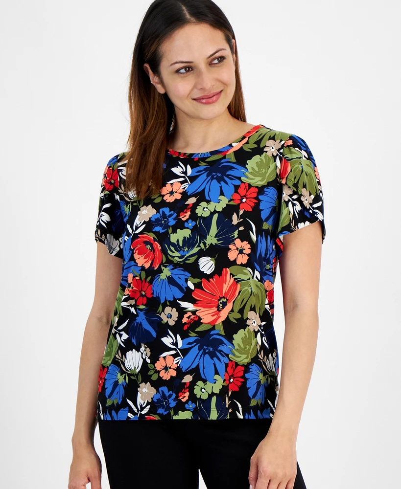 Ak Anne Klein Petite Floral Print Crewneck Tulip-Sleeve Top