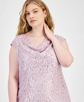 Connected Plus Size Sequined Lace Draped-Neck Gown