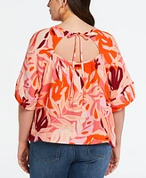 Ella Rafaella Plus Cotton Tie Back Lantern Sleeve Top