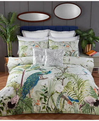 By Caprice Home 100% Cotton Peacock Garden Print Duvet Cover Set With Matching Pillow Cases King