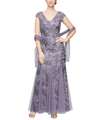 Alex Evenings Embellished-Lace Embroidered Illusion Gown & Shawl