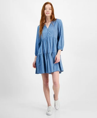 Tommy Hilfiger Women's Split-Neck Tiered Mini Dress
