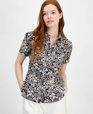 Tommy Hilfiger Women's Cotton Floral-Print Short-Sleeve Shirt