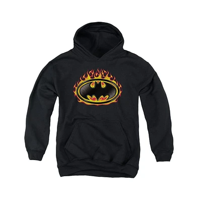 Batman Boys Youth Bat Flames Shield Pull Over Hoodie / Hooded Sweatshirt