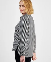 Anne Klein Petite Striped Covered-Placket Long-Sleeve Top