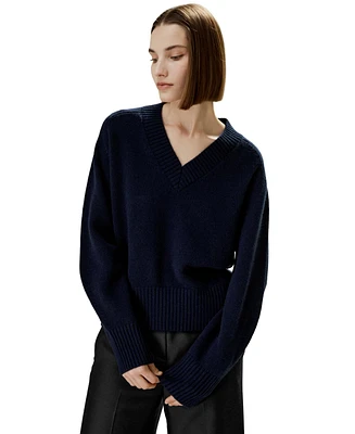 V-Neck Relaxed Fit Wool Cashmere Blend Sweater for Women