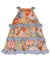 Bonnie Baby Girls Mixed Print Bow Shoulder Dress with Ruffled Tiers