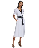 Karl Lagerfeld Paris Women's Linen-Blend Puff-Sleeve Midi Dress